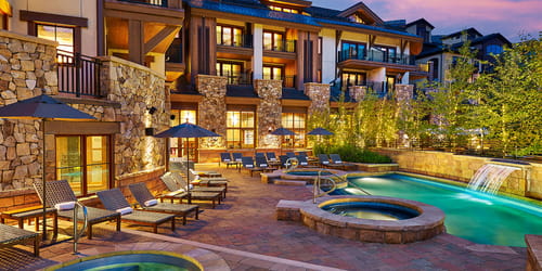 The Sebastian - Vail lit up at nighttime
