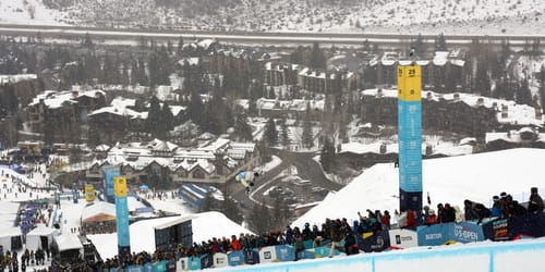 View of Vail Village from the mountain slopes in Colorado.